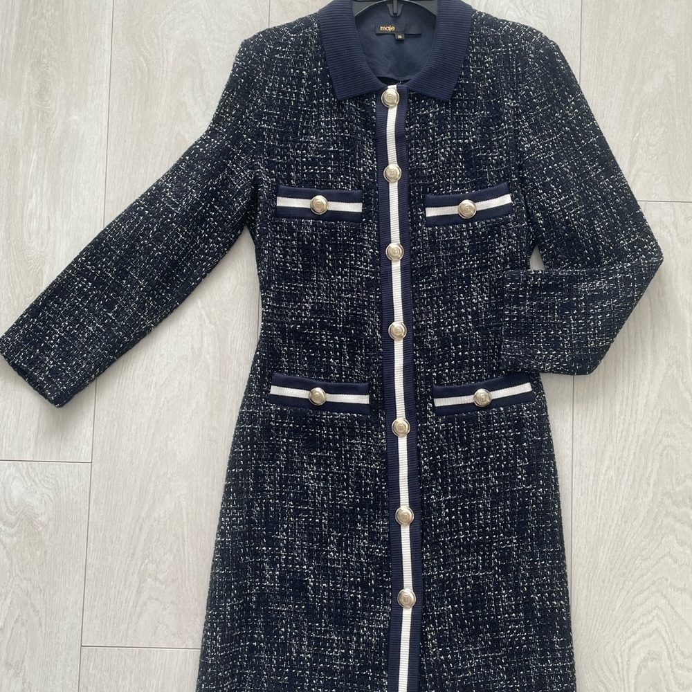 Maje Black and White Long Sleeve Dress